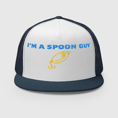 White front trucker hat with navy blue bill and mesh, funny fishing hat text "I'M A SPOON GUY" in blue with yellow fish. - Spoon Guy Trucker Hat