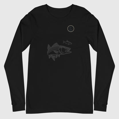 Black long sleeve tee with subtle dark fishing hat graphic and fish illustration on front. - Striper Chase Unisex Long Sleeve Tee