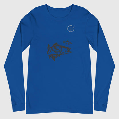 True Royal long sleeve tee with black graphic of a striper fish, fishing hat and circular design. - Striper Chase Unisex Long Sleeve Tee