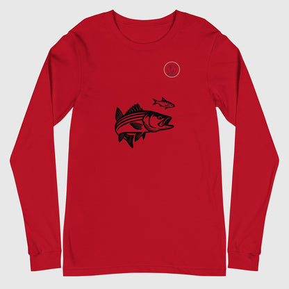 Red long sleeve tee with black graphic of striped bass chasing a fishing lure, fishing hat theme. - Striper Chase Unisex Long Sleeve Tee