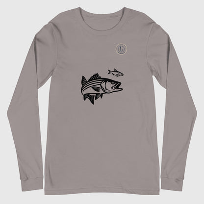 Gray unisex long sleeve tee with black graphic of a striped bass and small fishing hat above text. - Striper Chase Unisex Long Sleeve Tee