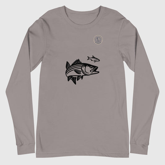 Storm gray unisex long sleeve shirt with embroidered striped bass fishing design on the front
