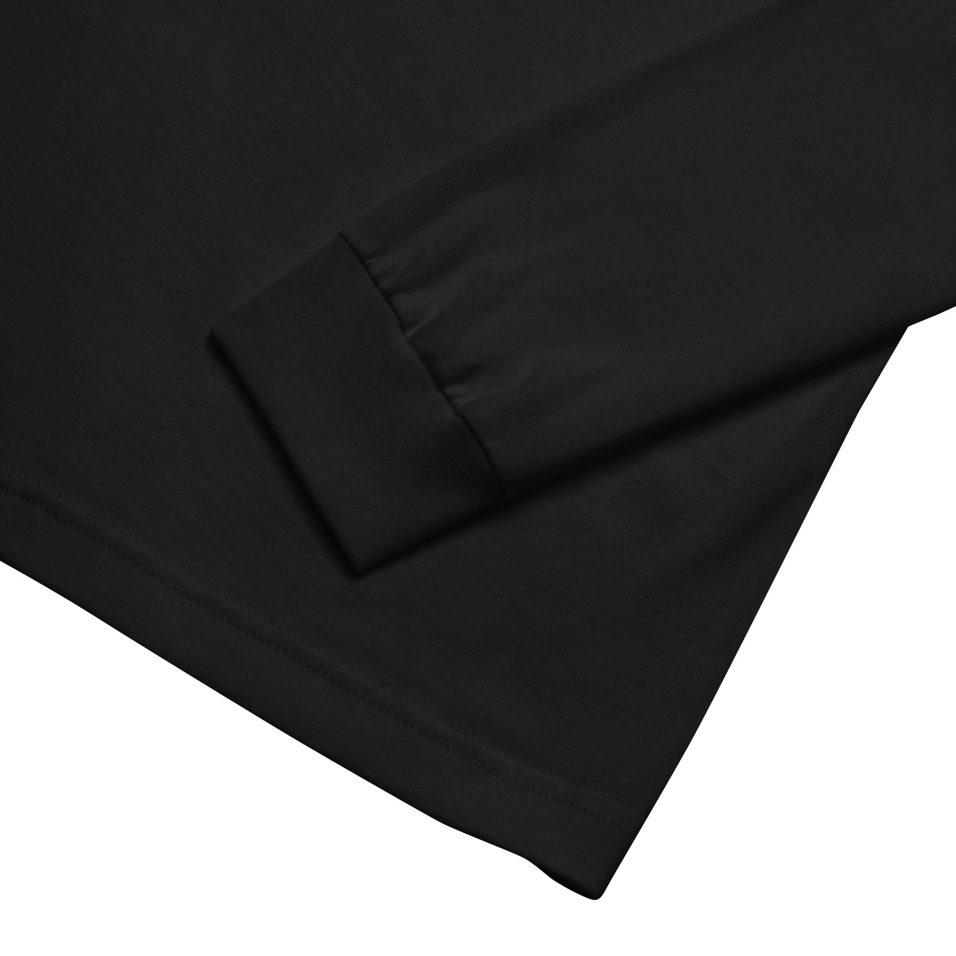 Close-up detail of black long sleeve striped bass fishing shirt cuff and hem