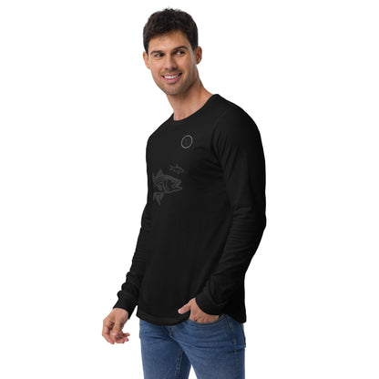 Black Striper Chase unisex long sleeve tee with subtle graphic and casual fit on male model. - Striper Chase Unisex Long Sleeve Tee