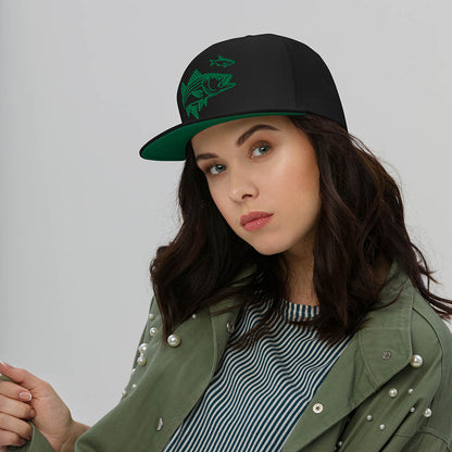 Black snapback fishing hat with green graphic of fish, flat brim, and structured crown. - Striper Chase Snapback