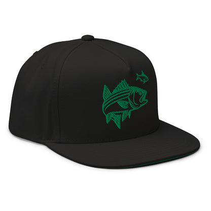 Black snapback fishing hat with green graphic of a striped bass and small fish, funny fishing hat style. - Striper Chase Snapback