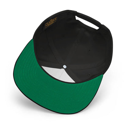 Black snapback fishing hat with green underbill and embroidered logo inside, funny fishing hat style. - Striper Chase Snapback